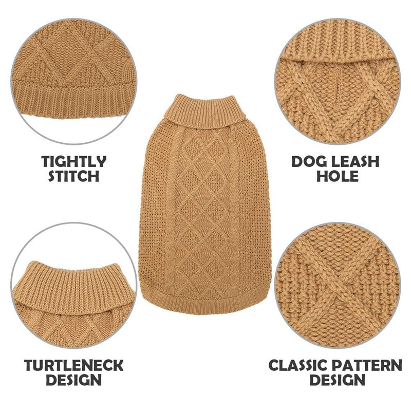 Mihachi Turtleneck Dog Sweater - Winter Coat Apparel Classic Cable Knit Clothes with Leash Hole for Cold Weather, Ideal Gift for Pet in New Year Small/Medium Khaki