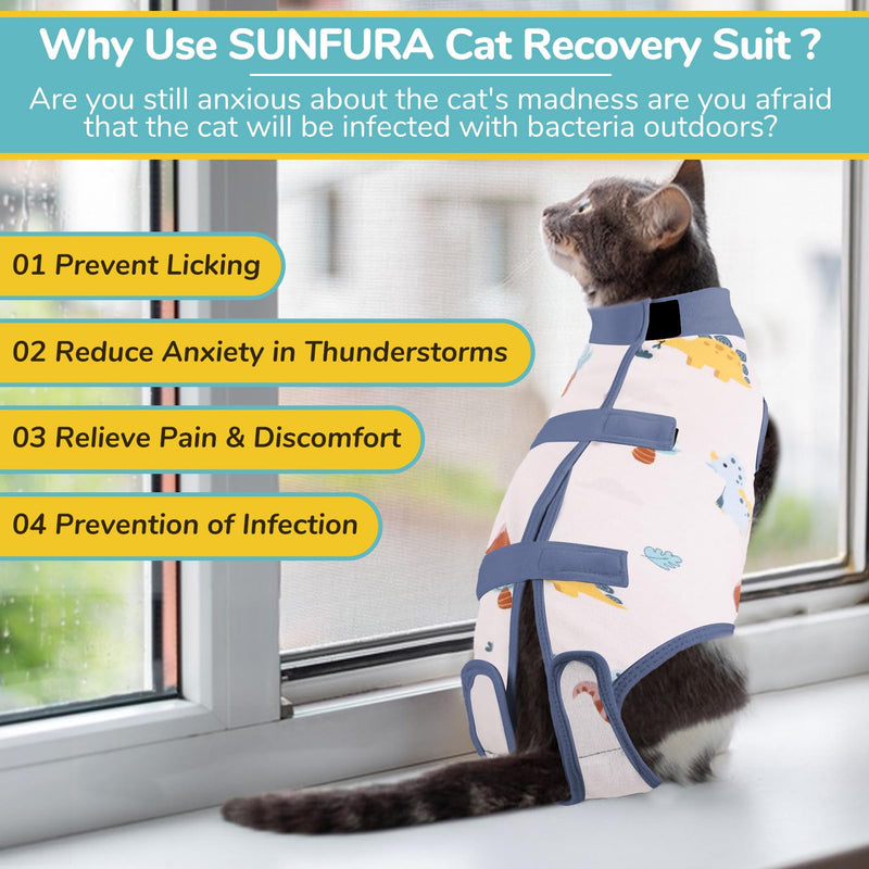 SUNFURA Cat Recovery Suit, Breathable Cat Surgery Recovery Suit Kitten Onesie for Cats After Surgery, Cat Surgical Spay Suit Male Female E-Collar Alternative Anti Licking Wounds, Blue S Small Blue Dinasour