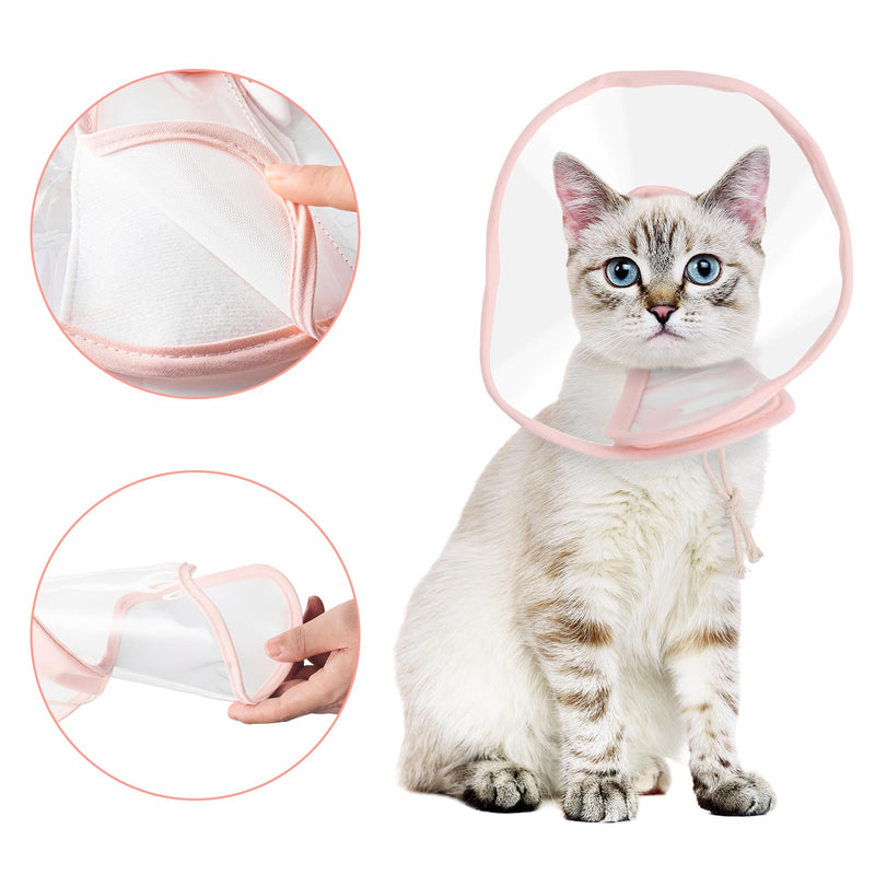 BENCMATE Cat Cone, Drawstrings Cat Cone Collar with Low Noise Fasteners, Transparent Cat Recovery Collar, Licking and Scratching Free Cone, Extra Soft Cat Surgery Collar (Pink,Medium) [Neck:9-10"] Medium Sakura