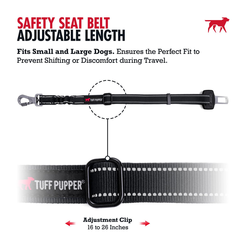 Tuff Pupper Dog Seat Belt | Adjustable Length Dog Seatbelt Restraint | Tangle-Free Locking Carabiner | Shock-Absorbing Bungee | Reflective Stitching for Visibility | Universal Fit for Cars & Trucks Black Seat Belt Attachment - PawsPlanet Australia