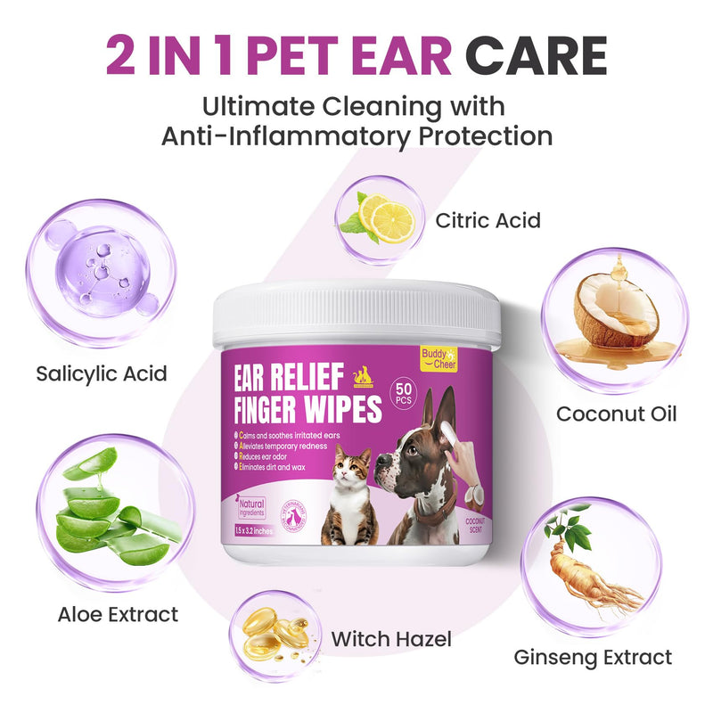 Pet Ear Cleaning Finger Wipes for Dogs & Cats - Dog Ear Cleaner with Aloe, Coconut Oil & Ginseng - Finger Dog Ear Wipes to Relieve Ear Itching, Infections, Wax & Smelly Ears - 50 Ct - Coconut Scent - PawsPlanet Australia
