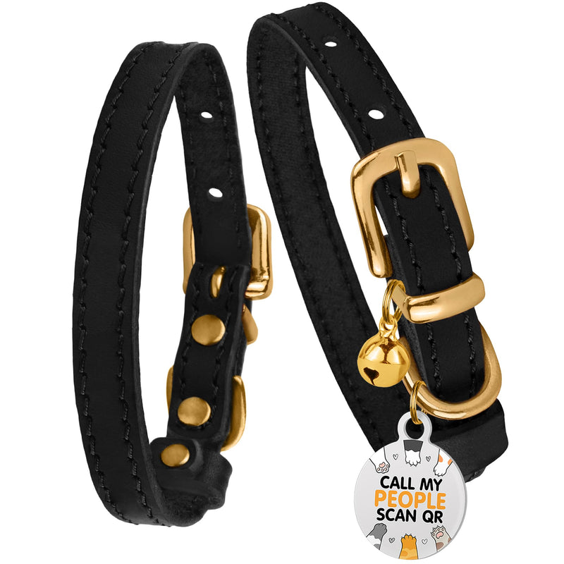 BRONZEDOG Leather Cat Collar with Bells Non Breakaway Kitten QR Tag for Girl Boy (7" - 9" for Cats, Black & Gold) 7 - 9 inch - PawsPlanet Australia