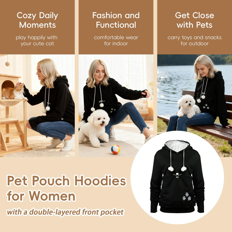 XUDREZ Unisex Big Pouch Hoodie Long Sleeve Pet Dog Holder Carrier Sweatshirt Hooded Pocket Kangaroo Hoodie 3X-Large Black - PawsPlanet Australia