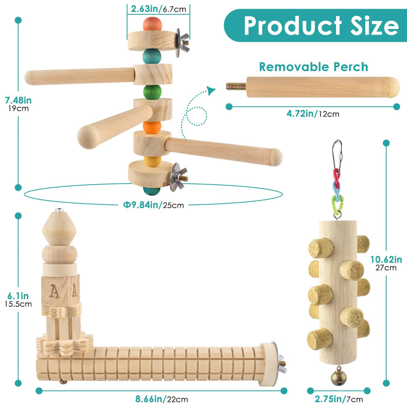 3pcs Natural Wood Bird Chewing Toys, Parrot Rotating Perch Stand, L-Shaped Perches with Chew Block, Hanging Cork Stopper Toys, Bird Cage Accessories for Parakeets Cockatiels Conures Lovebirds - PawsPlanet Australia
