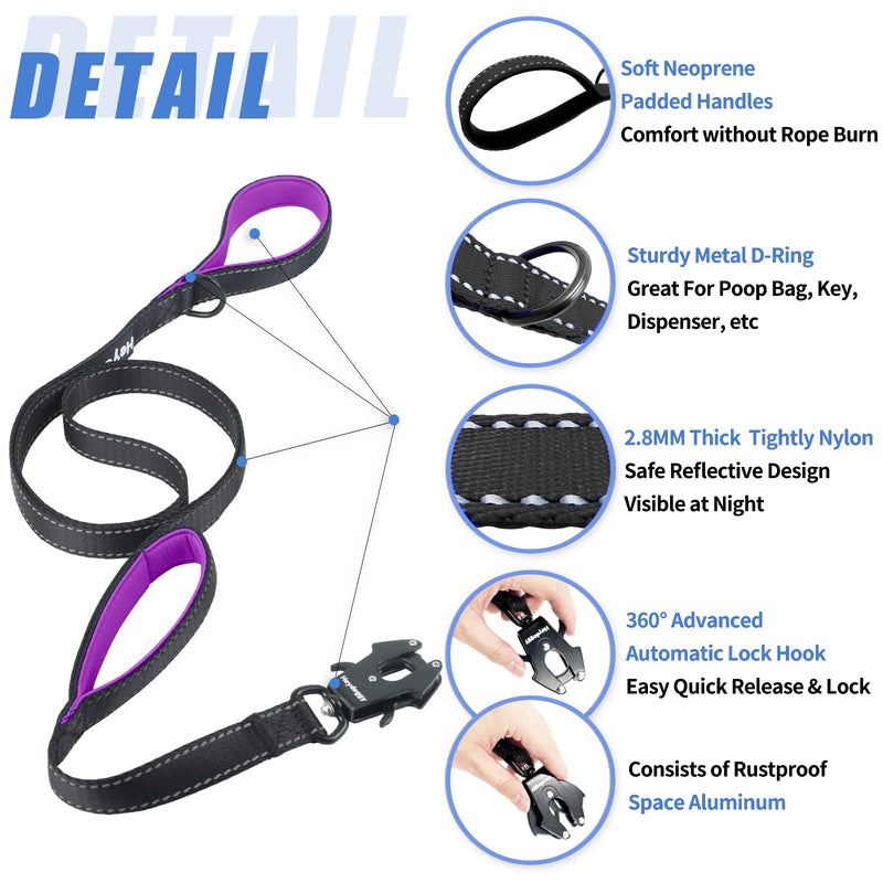 Strong Heavy Duty Dog Leash - 6ft Reflective Nylon Training Leash with Soft Padded Double Handle & Auto Lock Frog Clip - Safety Traffic Control for Large Medium Small Dogs No Pull Walk BlackPurple,6ft 6FT x 1" x 2.8MM Black Purple - PawsPlanet Australia