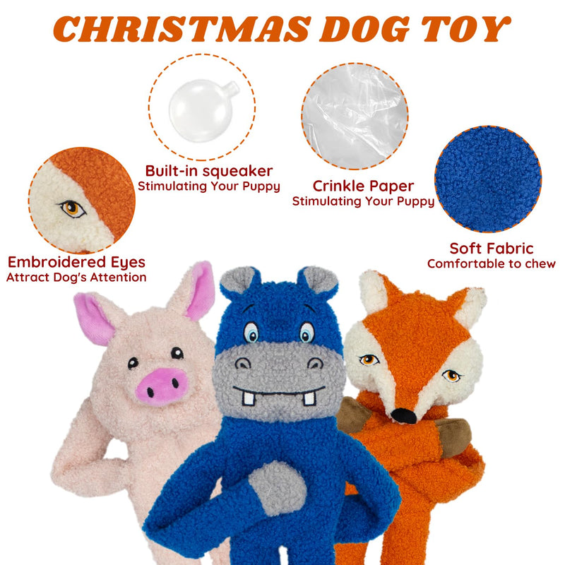 3 Pack No Stuffing Crinkle Squeaky Interactive Plush Dog Chew Toys to Keep Puppy Busy for Boredom & Enrichment Small & Medium Breeds Furry Friend Teething Orange Fox Pink Pig Blue Hippo - PawsPlanet Australia