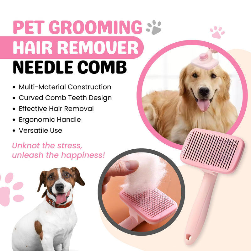 9Pcs Dog Grooming Kit - Self Cleaning Slicker Brush, Flea Comb, Nail Trimmer & Bath Brush - Pet Grooming Tools for Shedding, Trimming & Oral Care - For Dogs & Cats - Pink