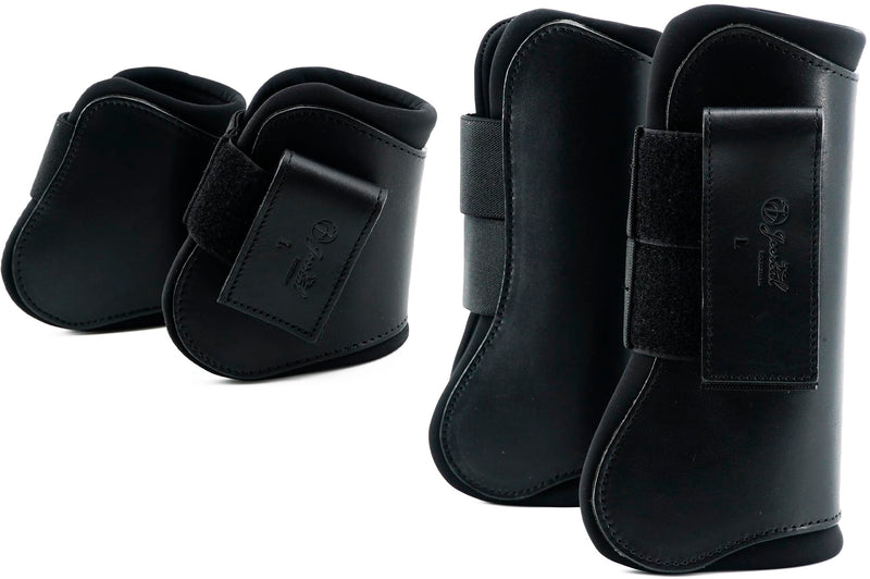 Jeereal Horse Tendon Brushing Boots Open Front & Fetlock Boot | Protective Gear and Training Equipment |Neoprene,Breathable Waterproof Fabric and Genuine Leather | 4 Set Full (Large) Black