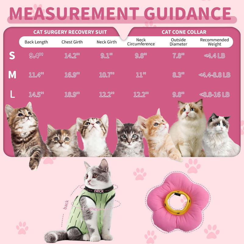 EMUST 2PCS Cat Recovery Suit and Cat Surgery Suit, Cute Cats Surgical Suit for Abdominal Wounds or Skin Diseases, Adjustable Flower Neck Cats Cone Collar Soft for 4-8lb(Green, M) Medium Green