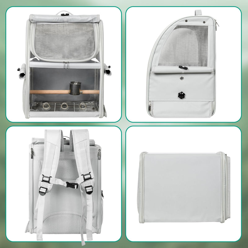 Bird Carrier Bag, Bird Travel Cage with Standing Perch and Indestructible Stainless Steel Mesh, Protable Transparent Breathable Carrier with Feeder Cups for Small Birds Parrot Parakeet, Grey L Gray