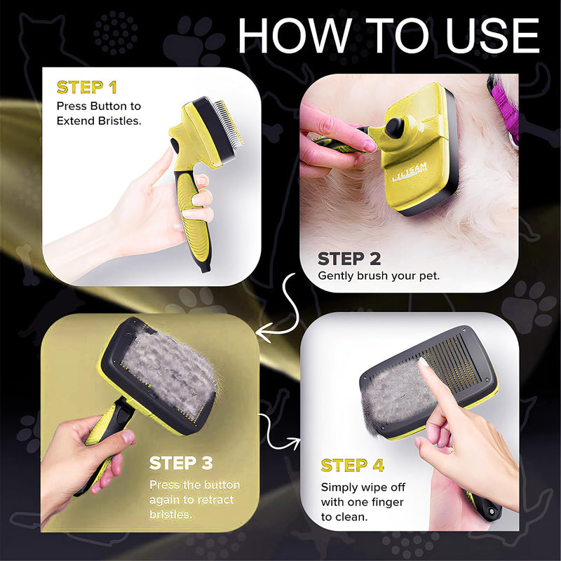 Pet Self Cleaning Slicker Brush and Grooming Comb - Gently Removes Loose Hair, Tangles, and Dirt - Skin Friendly Deshedding Grooming Tool for Hair Dogs & Cats - Pet Supplies Accessories (Yellow) Yellow - PawsPlanet Australia