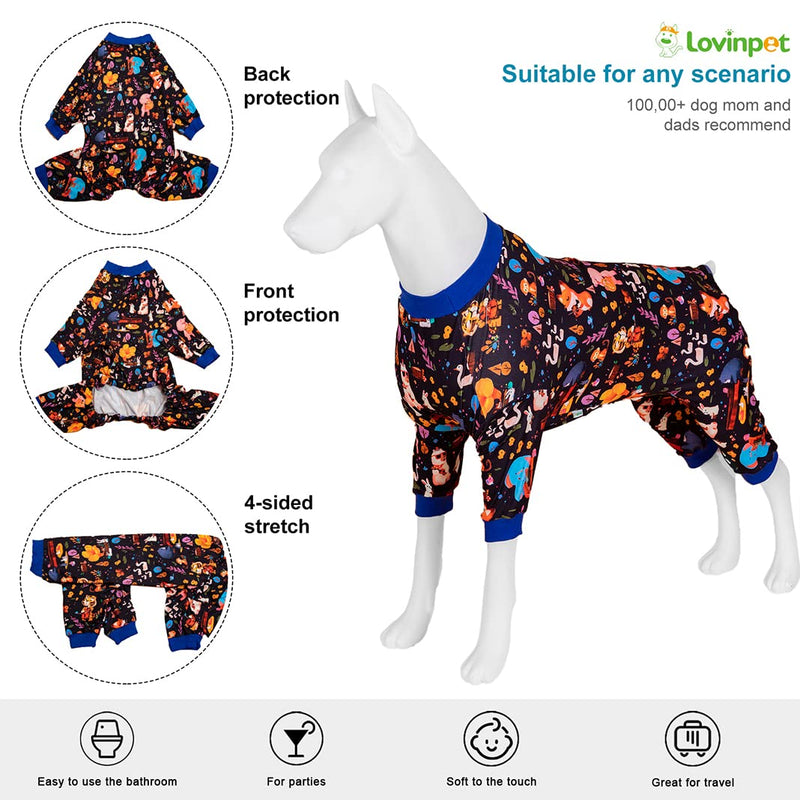 LovinPet Full Onesie for Large Dog, Lightweight Stretchy Fabric, Woodland Musicians Black Print, Pet Pajamas for Dogs, UV Protection, Lage Breed Dog Jammies, Pet PJ's, Pitbull Clothes, XL X-Large Black Blue - PawsPlanet Australia