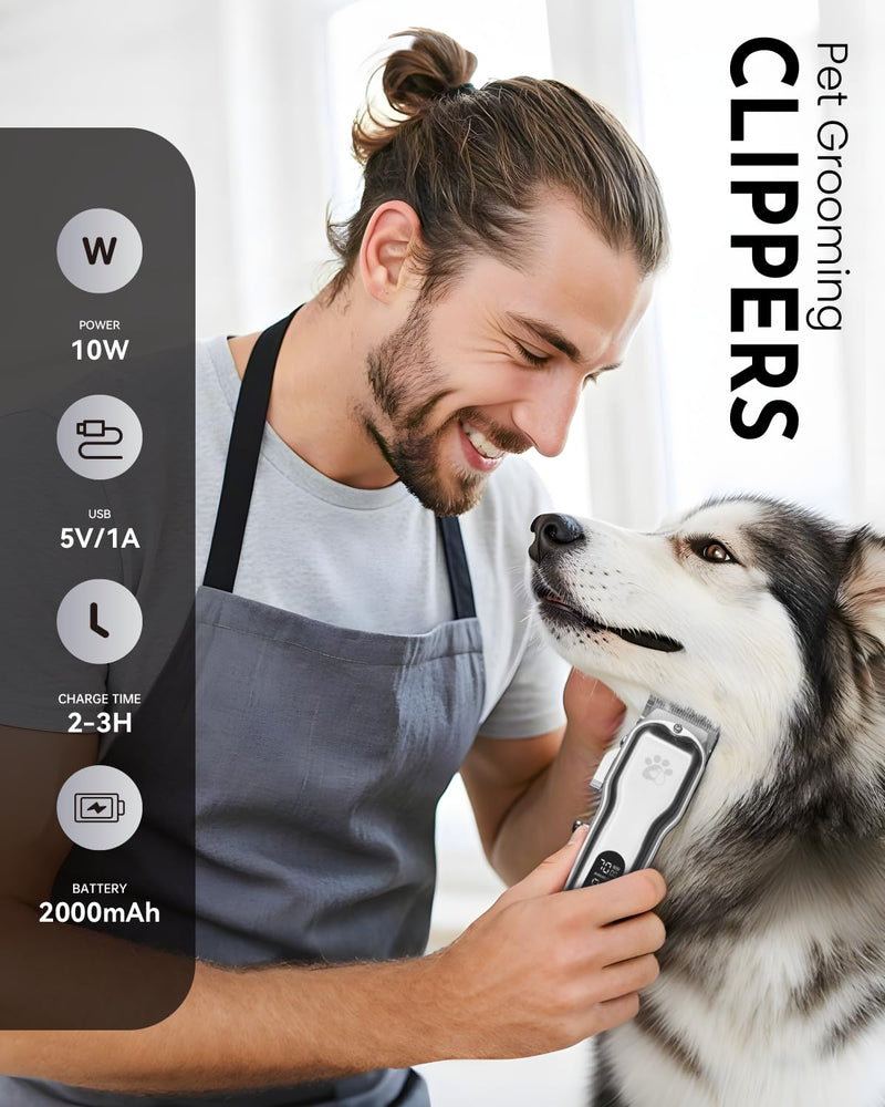 Dog Grooming Clippers Professional for Thick Hair, Full Metal Body Black Ceramic Blade LED Display Low Noise Rechargeable Cordless Dog Grooming Kit