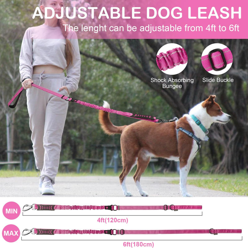 Tactical Dog Leash Heavy Duty, 4-6FT Shock Absorbing Bungee Dog Leash, Reflective Military Strong No Pull Dog Leash with 2 Padded Handle and Car Seatbelt for Medium Large Dogs, Pink - PawsPlanet Australia
