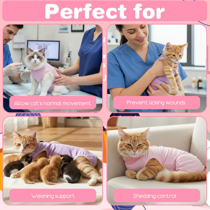 2 Pcs Cat Body Suit Post Surgery, Anti Licking Surgical Suit for Cats, Breathable Cat Spay Recovery Suit Female, Spay Suit for Female Cat to Protect Wounds or Skin Care(Purple Pink,M)