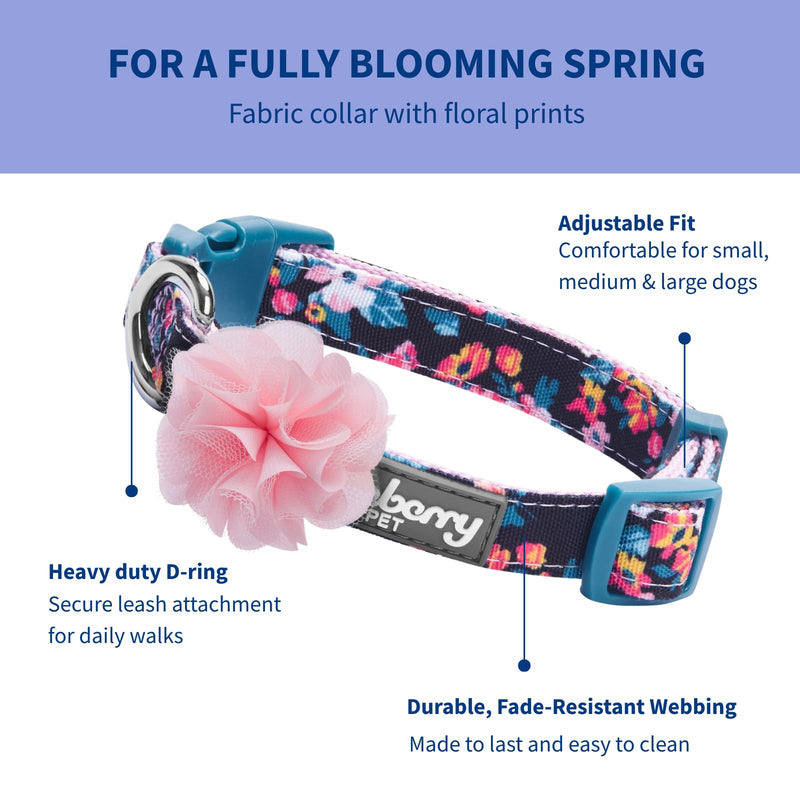 Blueberry Pet Made Well Elegant Floral Print Adjustable Dog Collar in Sleek Black with Pink Artificial Silk Flower, X-Small, Neck 7.5"-10"
