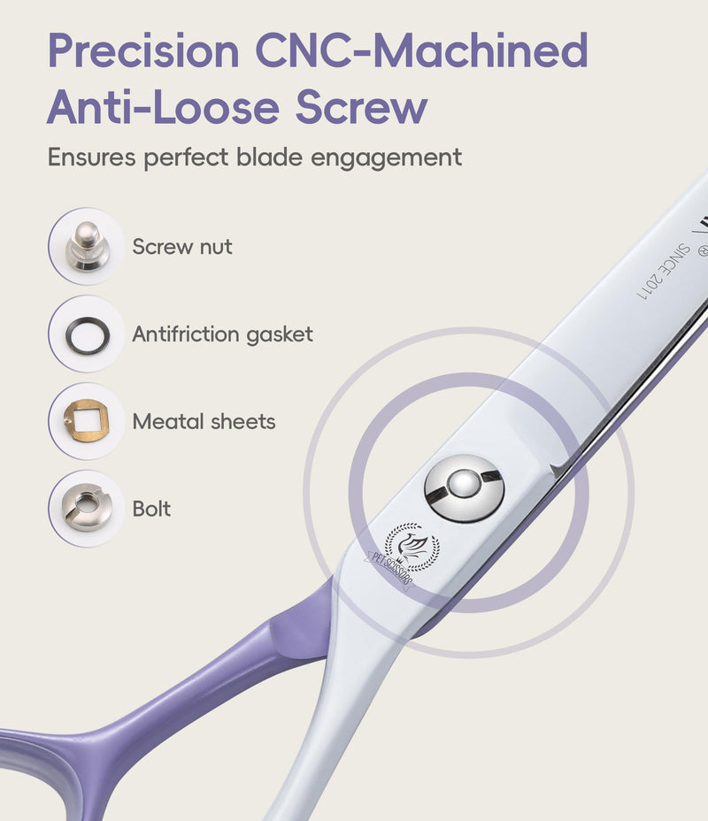 Fenice Peak 7" Curved Dog Grooming Scissors, Japanese 440C Stainless Steel, Professional Handcrafted Precision Cat Trimming Shears for Face, Body, Paws, Violet-White 7"Curved - PawsPlanet Australia