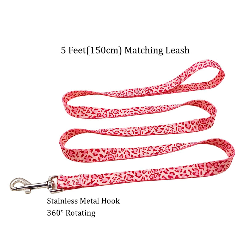 Dog Collar Leash Set, Leopard Pattern, Polyester Material, Adjustable Collar and 5ft Matching Leash, for Small Dogs.(S, Pink Leopard) Leopard Pink - PawsPlanet Australia