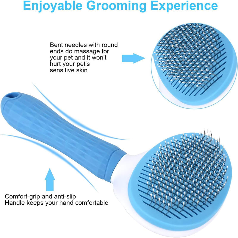 Self Cleaning Pet Slicker Brush, One-Press Release Button Pin Brush for Cats/Rabbits, Long Haired Shedding Grooming Comb, Cat Dander Brushes for Long Hair with Hair Removal Gloves (Blue) Blue - PawsPlanet Australia