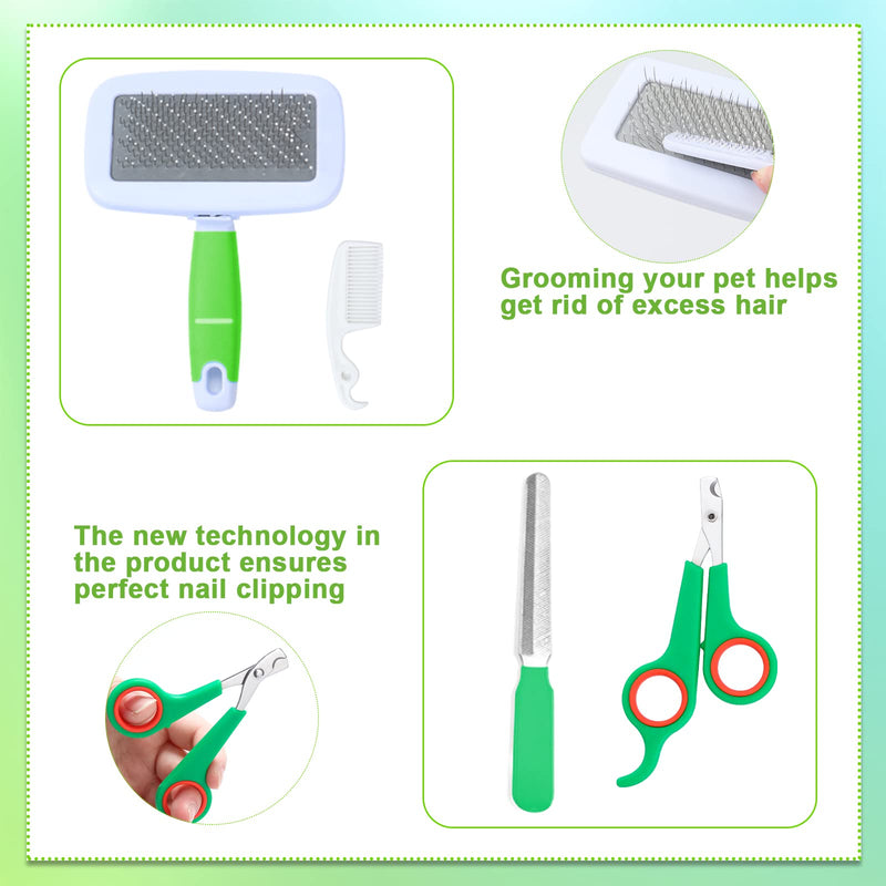 VCZONE 8 Pcs Small Animal Grooming Kit, Pink with Pet Nail Clipper and File, Flea Comb, Pet Shampoo Bath Brush, Pet Shedding Slicker Brush, Bath Massage Glove, Cleaning Comb (Green) Green - PawsPlanet Australia
