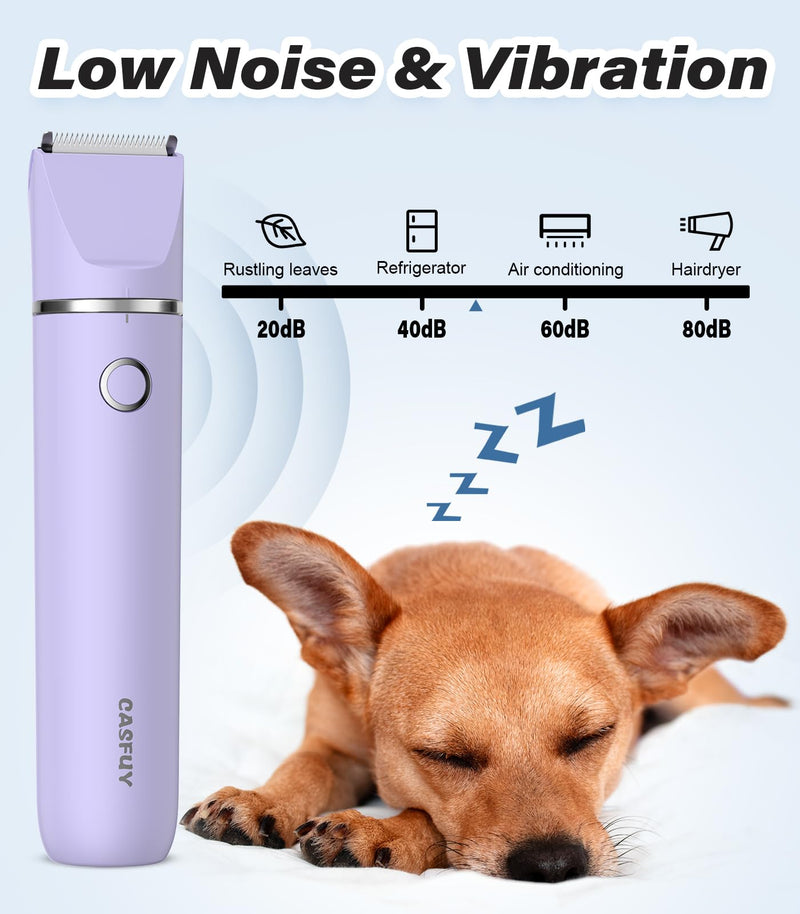 Casfuy Cordless Dog Paw Trimmer - Low Noise Small Dog Clippers with Double Blades USB Rechargeable Grooming Clipper for Dogs Cats and Small Pets for Trimming Hair Around Paws, Eyes, Ears, Face, Rump Purple