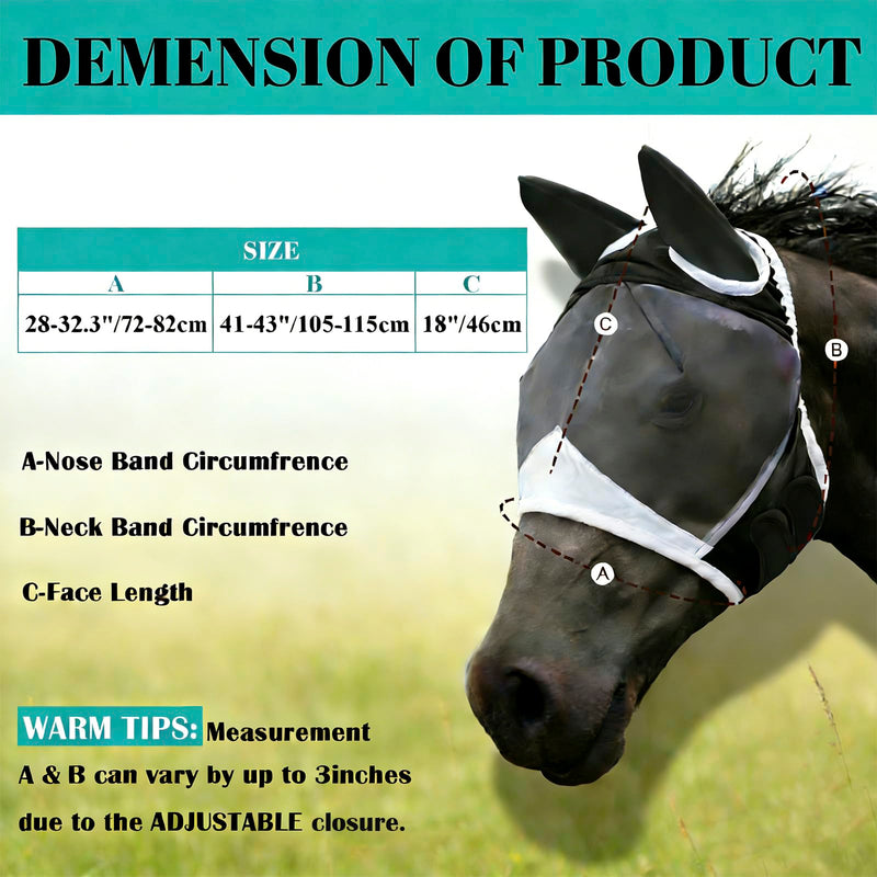 Fly Mask with Ears for Horses Soft Stretchy Mesh Horse Face Cover, Breathable Eye Protection Fly Masks UV Protective Horse Supplies (Black, L) Black 1pcs
