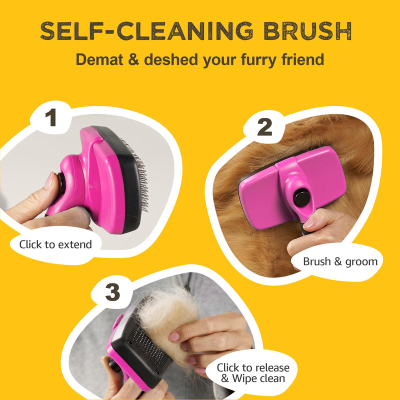 Deshedding Dog Brush for Shedding – Self Clean Cat Brush Deshedding & Grooming Tool for Long Haired and Short Haired Dogs, Slicker Brushes for Dogs, Skin-Friendly, Retractable Bristles, Easy to Clean Pink - PawsPlanet Australia