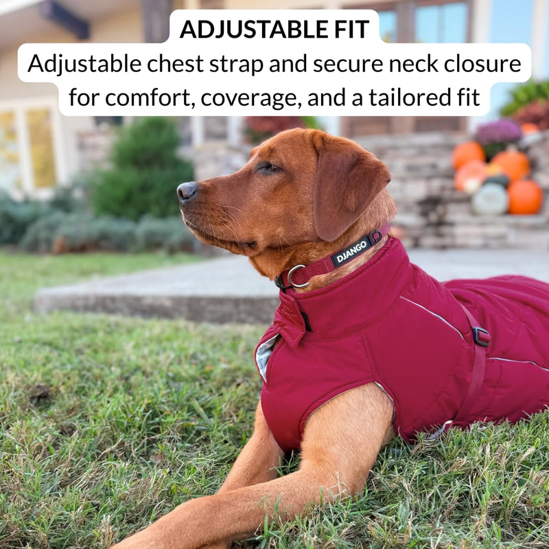 DJANGO Insulated Winter Dog Coat – Warm, Water-Repellent Puffer Jacket for Medium & Large Dogs – Adjustable, Reflective, Cozy Cold-Weather Dog Coat with Harness Hole for Snow – Firelight Red, Large