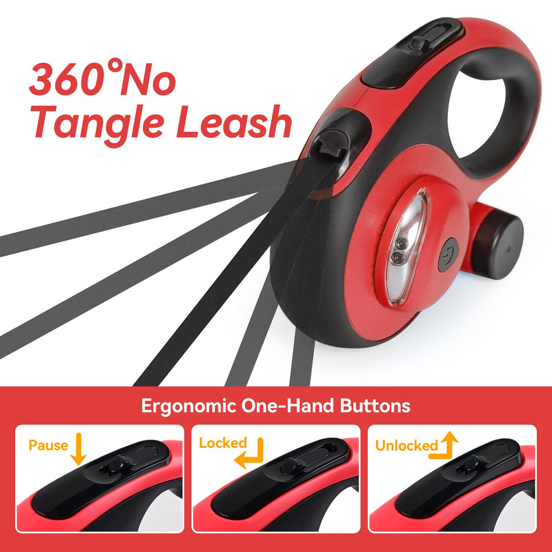 Heavy Duty Retractable Dog Leash for Large Dogs, 26ft Dog Leash with Poop Bag Holder, Up to 110lbs, chew Proof Cable, LED Light, 360° No-Tangle, One-Handed Pause & Locked. (Red, L 26ft) Red