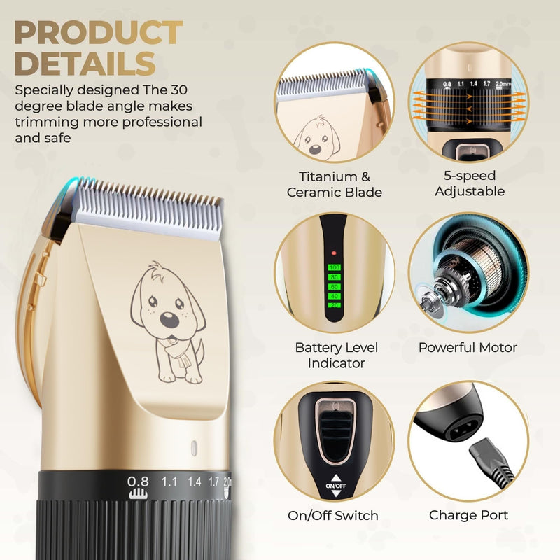 GLOBAL TECH Dog Clippers, Rechargeable Low Noise Cordless Pet Clippers for Dogs Cats and Other Pets - Professional Dog Grooming Clipper Kit Shaver Trimmer Suitable for Thick Hair/Coats - PawsPlanet Australia