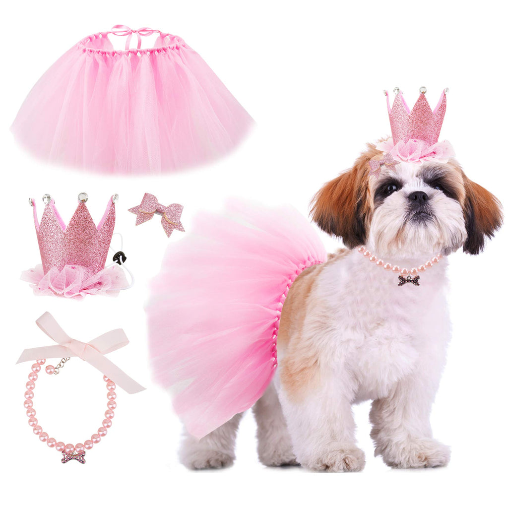 Dog Birthday Party Supplies Dog Birthday Outfit Pink Tutu for Dogs Dog Birthday Hat Necklace and Bowtie Hairpin for Dogs (16-23 inch wrist) 16-23 inch wrist