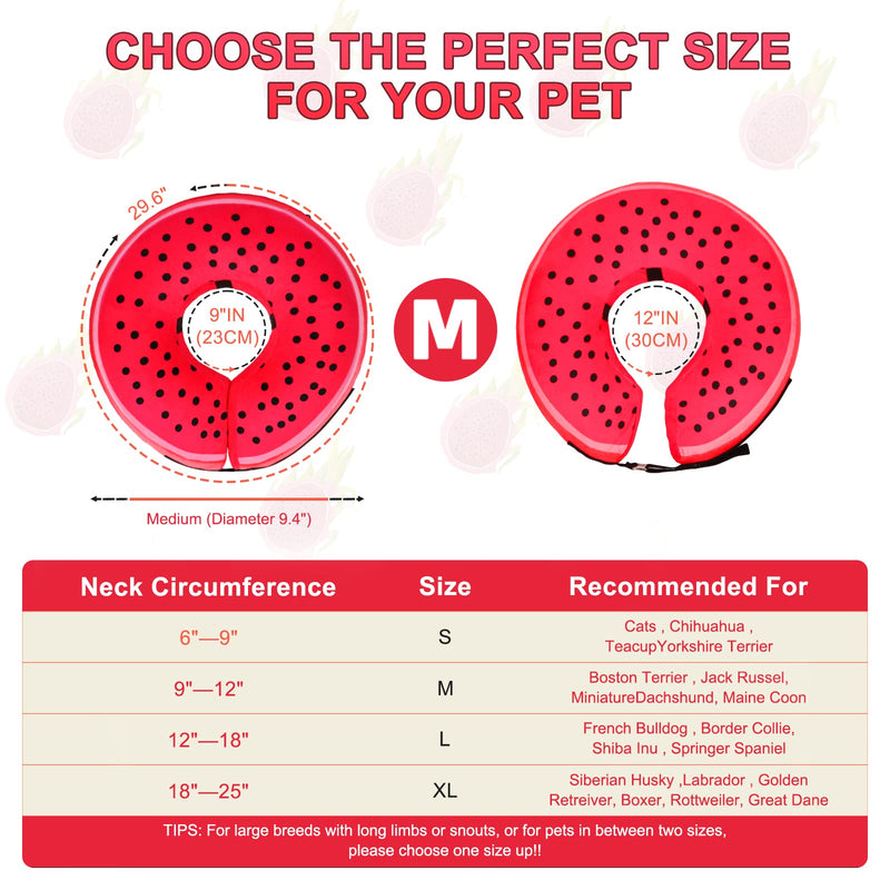 Pitaya Inflatable Dog Donut Collar, Soft Recovery Cone for Large, Medium & Small Dogs & Cats, Adjustable E Collar, Does not Block Pet Vision Red Pattern Plush Fabric-XL