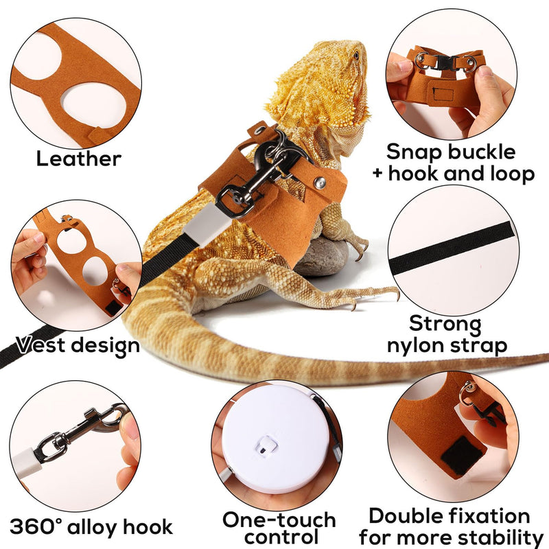Bearded Dragon Harness and Leash Set, 3 Sizes Super Leather Vest with Retractable Rope, Brown - PawsPlanet Australia