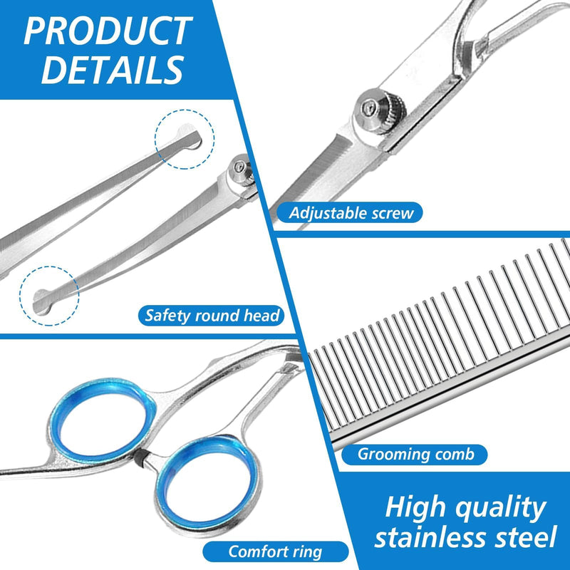 Dog Grooming Scissors Set with Safety Rounded Tips, 3-in-1 Stainless Steel Pet Dog Cat Grooming Tools with Sharp Straight Shears Curved Scissors and Comb for Face Ear Nose Paw Hair Trimming