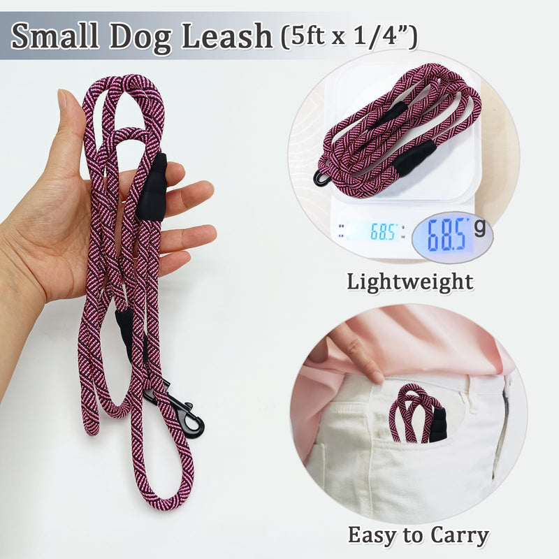 WYuZe 5ft Puppy/Dog Leash for Small Dogs, 1/4" Thin Rope Leash with Easy to Use Hook, Lightweight Cat Leashes for Chihuahua/Yorkie/Tiny Breed, 10 Colors, Black Pink 5 FT (3~18 lbs) - PawsPlanet Australia