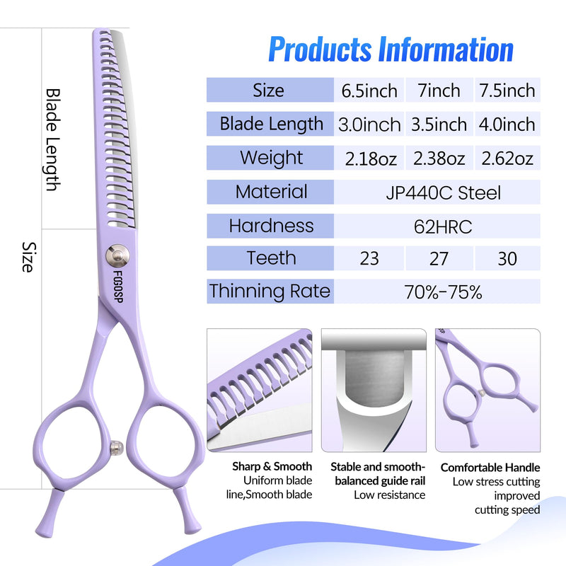 Curved Chunkers Dog Grooming Scissors 7" Macarone Series Professional Pet Grooming Shears for Dogs Pets Japan 440C Stainless Steel Sharp & Durable(Purple, 27Teeth Curved Thinners) 7.0 in Curved Chunkers Macaron Purple - PawsPlanet Australia