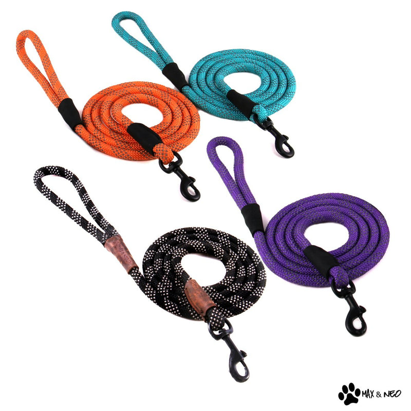 Max and Neo Rope Leash Reflective 6 Foot - We Donate a Leash to a Dog Rescue for Every Leash Sold 6 FT x 1/2" BLACK - PawsPlanet Australia