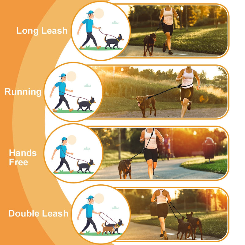Bokelai Double Ended Lead for Dogs Adjustable Reflective 3m Training Lead for Large Medium Dogs Walking & Running Hands Free Rope Lead Black 1.4CM*3M