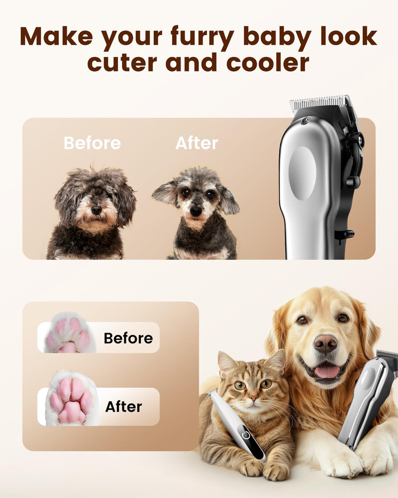 Dog Grooming Kit with Dog Paw Trimmer for Heavy Thick Hair, Low Noise Clippers for Grooming with Stainless Steel Blade, Cordless Dog Hair Clippers, Rechargeable Dog Shaver for Pets Cats White - PawsPlanet Australia