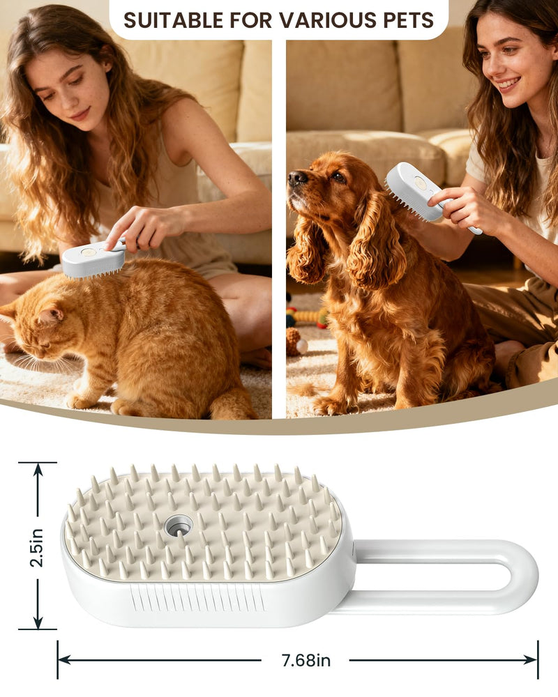 Cat Steam Brush for Shedding, Pet Steam Brush for Cats and Dog, 4 in 1 Rechargeable Cat Hair Brush, Spray Anti-Static, Massage, Cleaning, Shedding & Combing All In One, for Long & Short Haired Pets! White