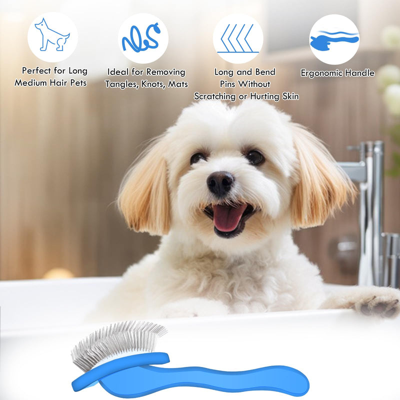 Dog Slicker Brush for Medium or Long Haired Dogs, Long Pin Slicker Brush for Removes Loose Hair, Tangles and Knots, Best Grooming Tools for Small Animals, Large, Free Pet Comb, Blue - PawsPlanet Australia