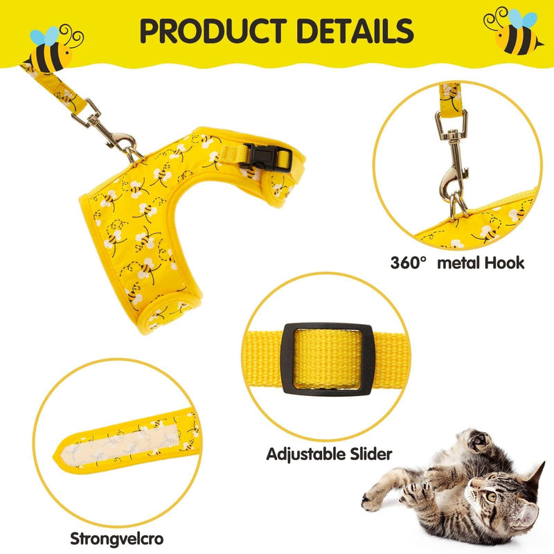 BINGPET Cat Harness with Leash and Collar for Walking - Escape Proof with 59 Inches Leash - Adjustable Soft Vest Harnesses for Medium Large Cats Bee - PawsPlanet Australia