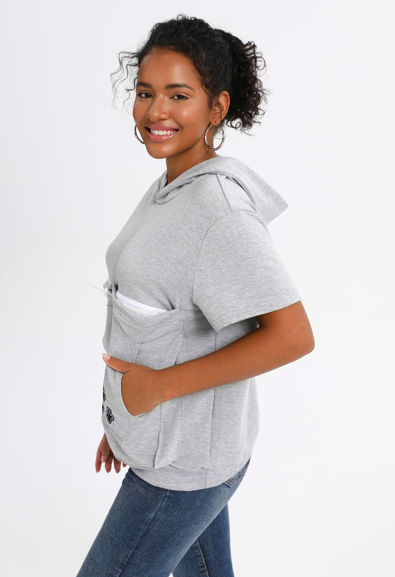 Cat Pouch Shirt Short Sleeve Kitten Puppy Holder Thin Hoodies Pet Carrier Sweatshirt for Women Light grey Medium - PawsPlanet Australia