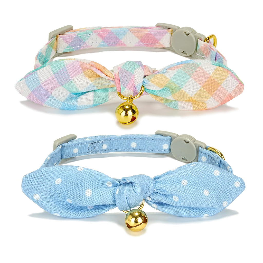 Bowtie Cat Collar with Bell, 2 Pack Cotton Breakaway Kitten Collars with Removeable Bow Stylish Cat Collars, Gradient Plaid & Polka Dot Blue 7.5-11.4 Inch (Pack of 2) Polka Dot + Plaid