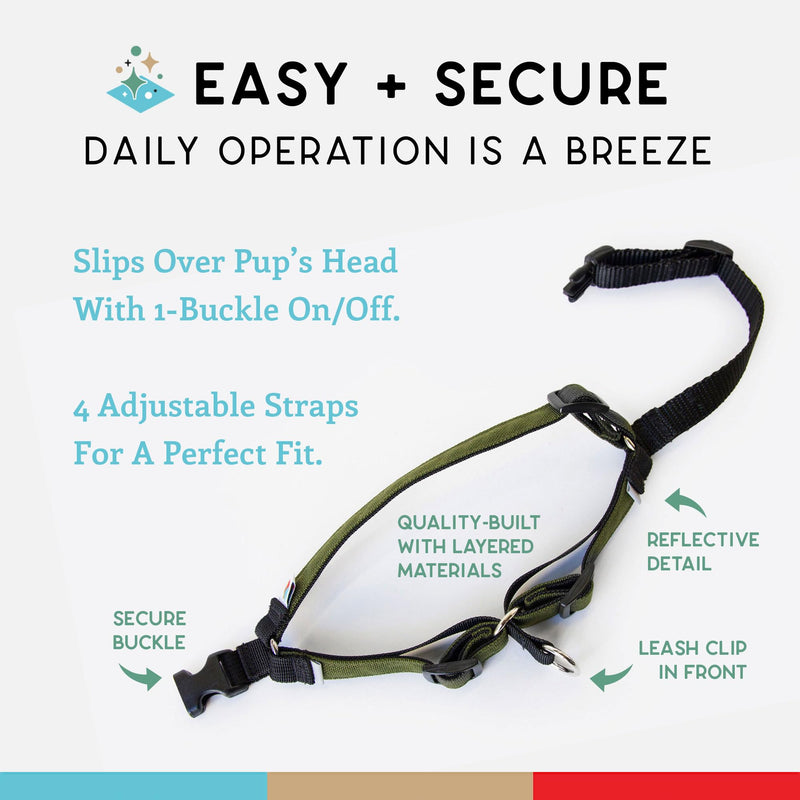 Wildebeest No Pull Dog Harness | Comfortable Training Harnesses | Effective No Pull Harness Design | Ideal for Medium Sized Dog | 4-Point Adjustable(M - 22~28 inch Girth, Olive) M - 22~28 inch Girth - PawsPlanet Australia