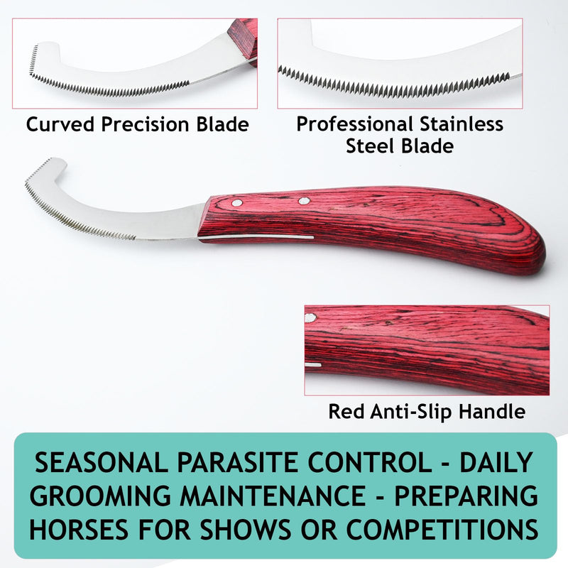 Pro Farrier Grooming Bugs Bot Knife– Stainless Steel Blade, Wooden Handle, Multi-Purpose Mane and Coat Cleaning Tool for Horses, Goats, and Cattle (Green) SoftRed - PawsPlanet Australia