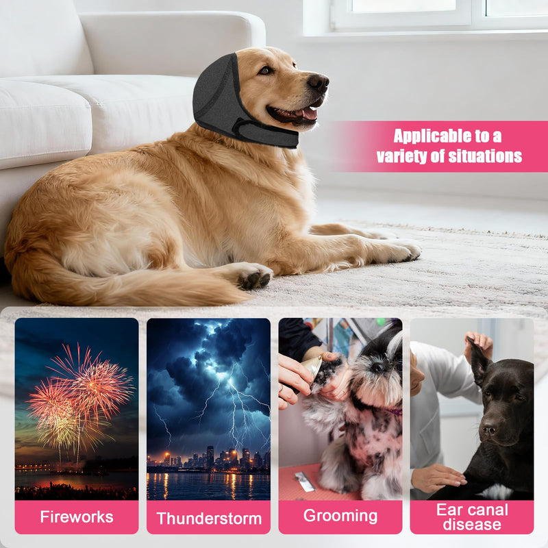 Dog Calming Ear Wrap with Noise Reduction—Adjustable Anxiety Soothing Headgear for Thunder, Fireworks & Bathing, Fits Head Circumference 35-48cm, Neoprene Material, Pink and Gray, 2 Pack