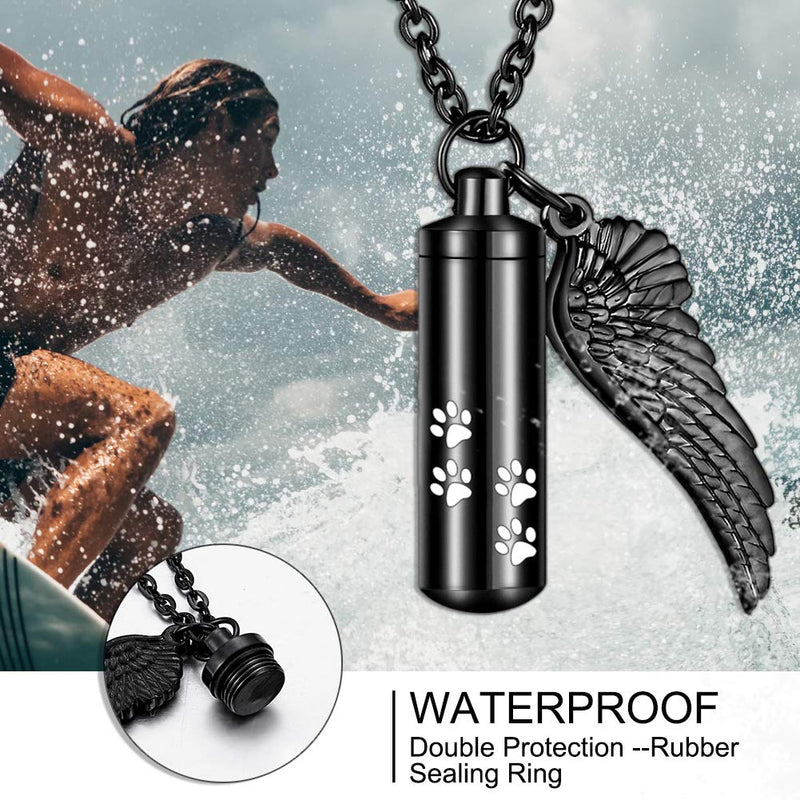 abooxiu Cylinder Cremation Necklace for Pet ashes Urn Necklace with Angel Wing Pet Paw Ashes Necklace for Dog/Cat Pet Memorial Keepsake Jewelry Black-M