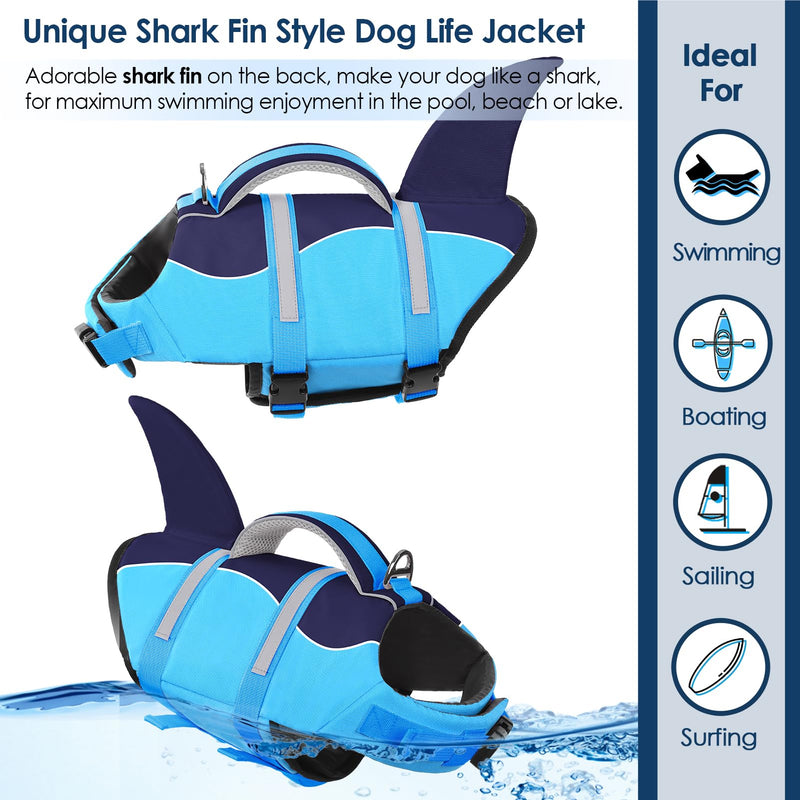 AOFITEE Dog Life Jacket, Dog Life Vest for Swimming, Shark Dog Life Vest with Rescue Handle and Reflective Stripe, Ripstop Dog Lifesaver Float Coat, Dog Swimming Vest for Small Medium Large Dogs Blue - PawsPlanet Australia