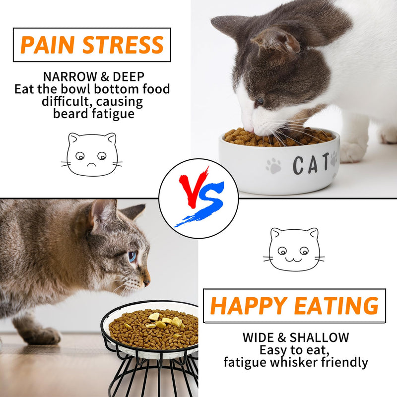 BNOSDM 2 Pcs Elevated Cat Bowls Ceramic Shallow Cat Food Bowl with Metal Stand, Raised Kitten Plate for Wet Food Anti Vomit Feeding Dish Set for Indoor Kitty and Small Cats Black【2 Pcs】 Fishbone - PawsPlanet Australia